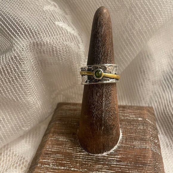 Hammered Two-Tone Ring with Green Gem, Stackable Statement - Picture 2 of 3